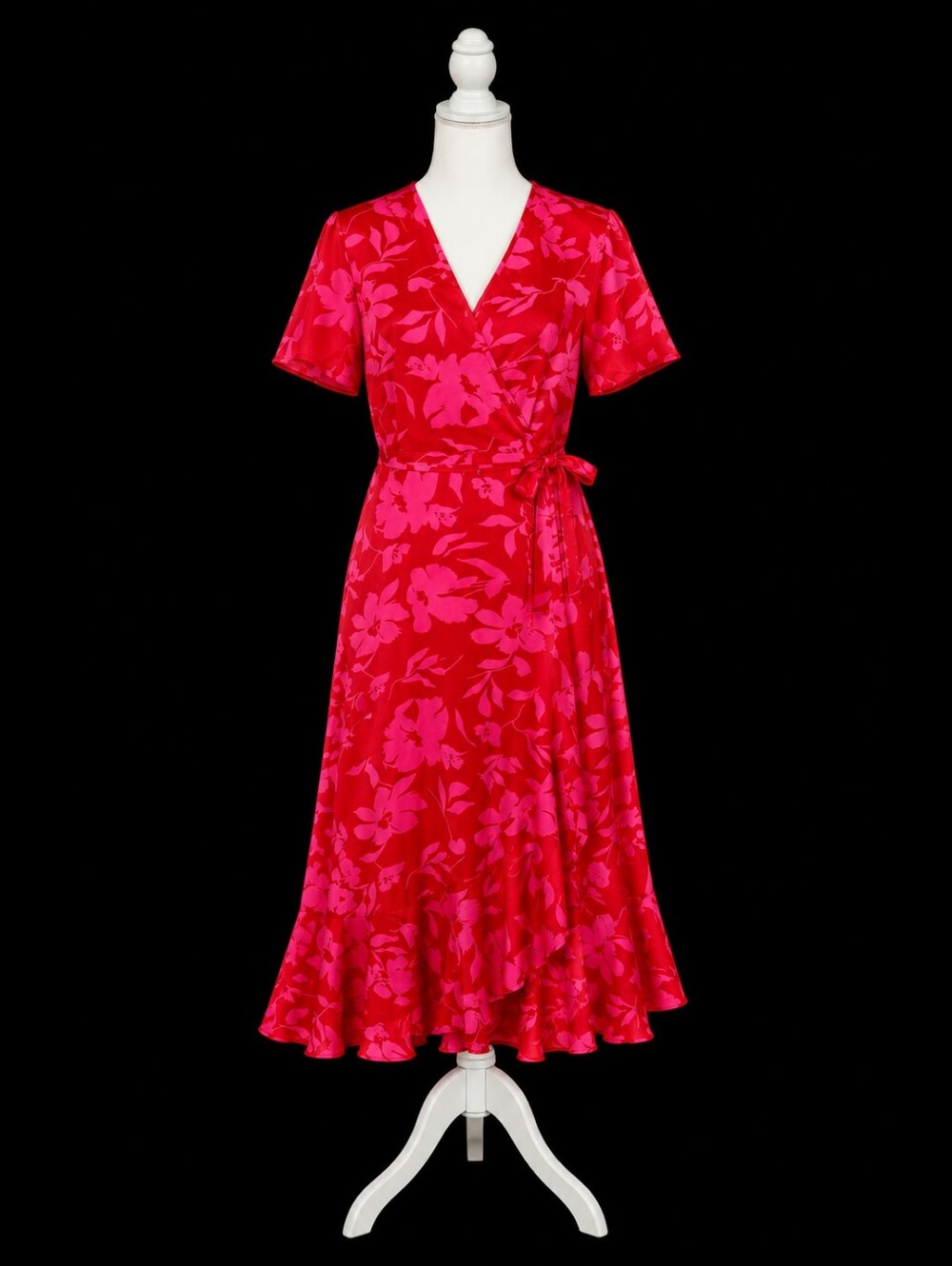 Tropical Floral Wrap Dress Maxi Pink Red Tie Waist Short Sleeve Women Size Small - Picture 3 of 14